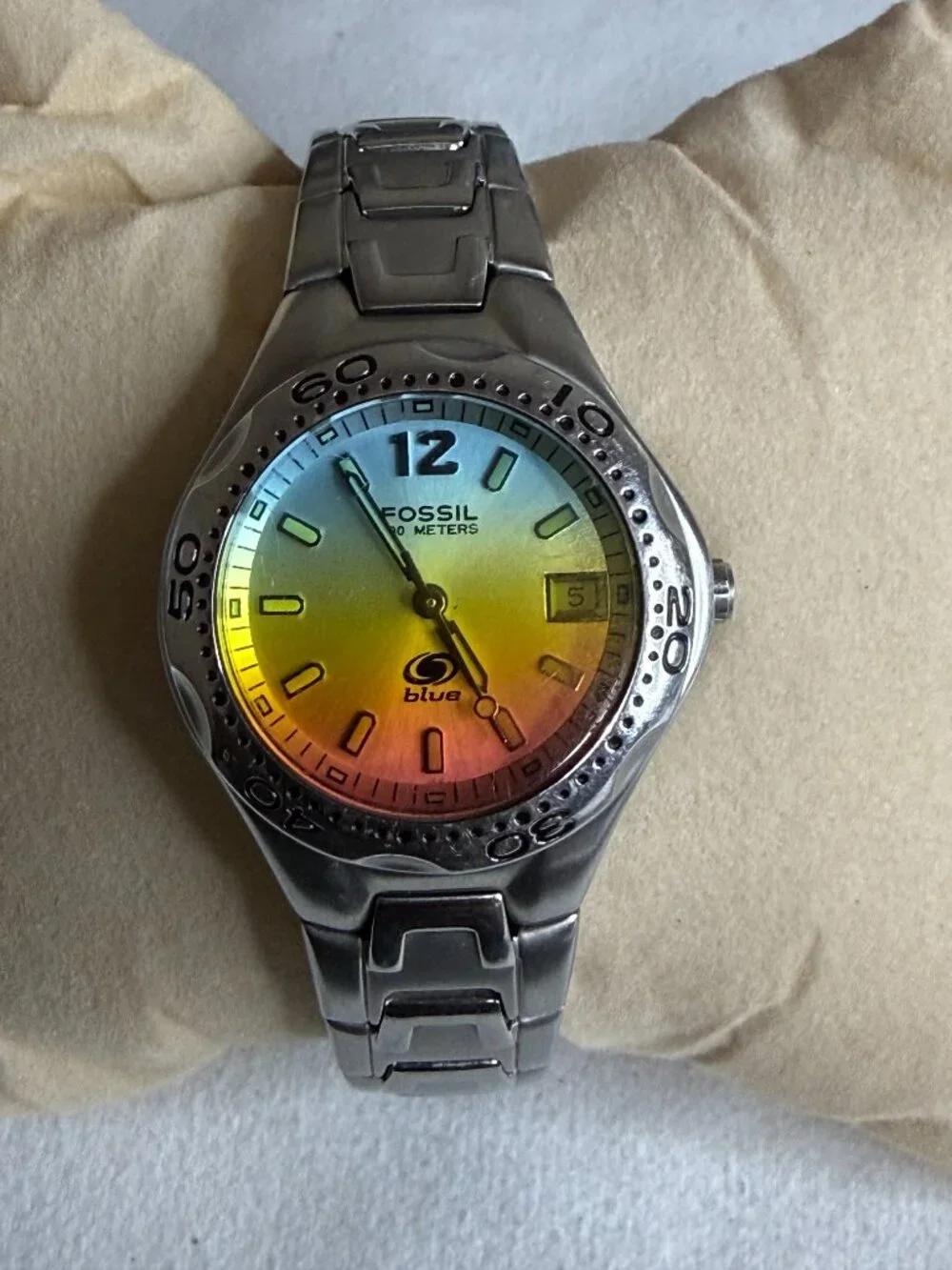 RARE Vintage Fossil Blue AM3546 Watch - Y2K Rainbow Iridescent Dial - 100M